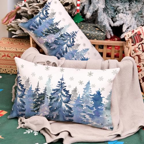 Christmas Lumbar Pillow Covers 12x20 Inch Set of 2, Teal Watercolor Tree