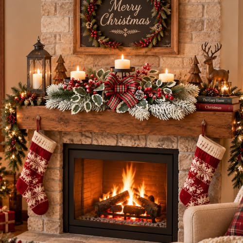 24 Inch Christmas Centerpiece with Candles, Pine Sprigs & Faux Snow