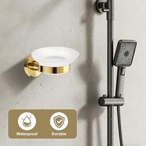 Wall Mounted Glass Soap Holder with Gold Stainless Steel Bracket