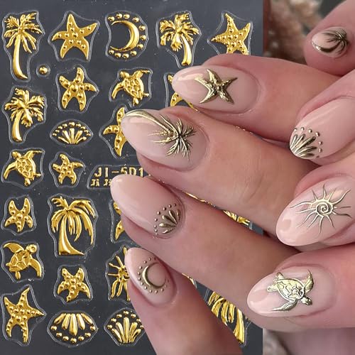 5D Embossed Ocean Nail Art Stickers Rose Gold Beach Sea Life Decals 2 Sheets