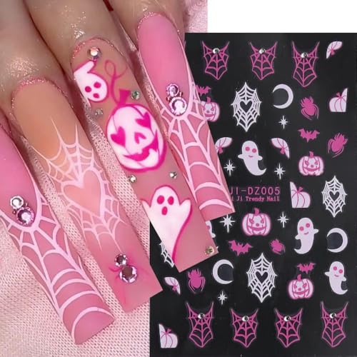 Halloween Nail Stickers 4 Sheets Pink Ghost Spider Web Decals with Rhinestones