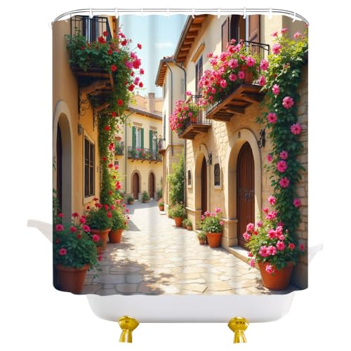 JEJOMEAG Italian Mediterranean Shower Curtain 70x70 Inches Tuscany Europe Fabric Bathroom Decor