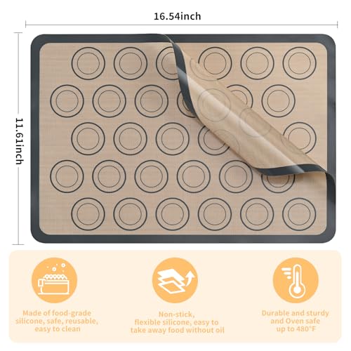 Luckyiren Silicone Baking Mats Set with Circles for Macarons & Cookies, 2 Pack Half Sheet, Gray/Beige
