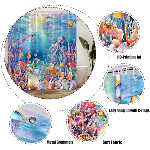 Coastal Ocean Shower Curtain - Turtle, Octopus & Jellyfish Design, 70" x 70"