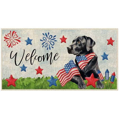 Patriotic Black Labrador Doormat 16x30 Inch - 4th of July Entryway Rug