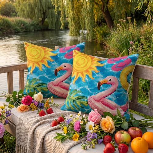 AVOIN Summer Flamingo Throw Pillow Covers 18x18, Waterproof Set of 2