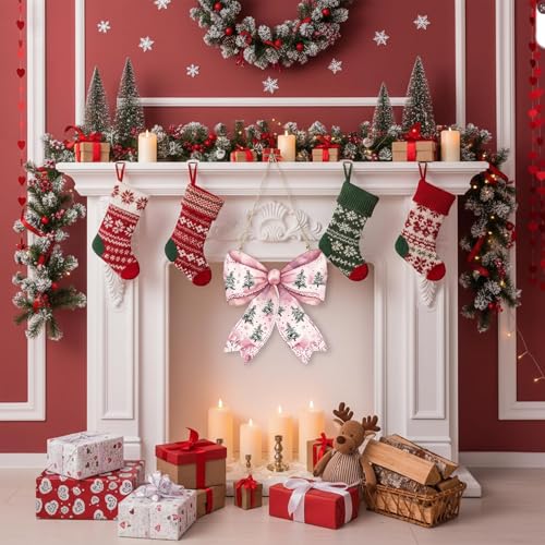 Vintage Christmas Wooden Door Sign with Pink Bow - 11.8" x 10.8"