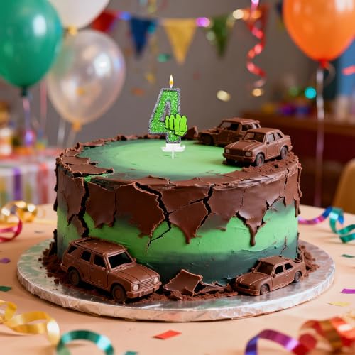 Number 4 Birthday Candle - Green Hero Fist Glitter Cake Topper