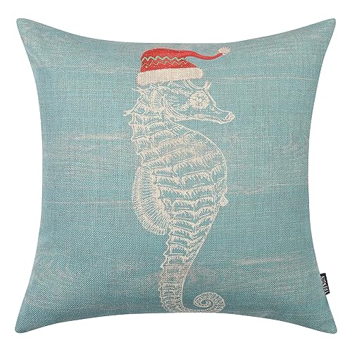Nautical Christmas Pillow Cover 18x18 - Seahorse Linen Decor