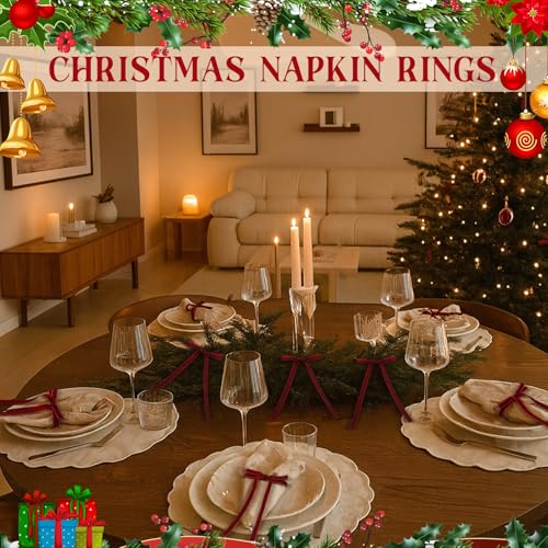 Christmas Burgundy Napkin Ring with Red Velvet Bow - Elegant Holiday Table Decor