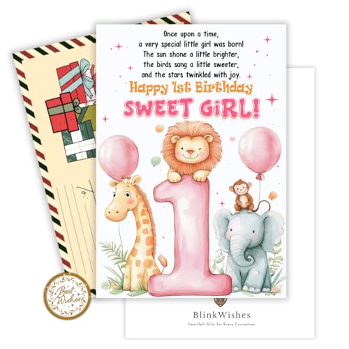 1st Birthday Card for Baby Girl with Envelope & Seal