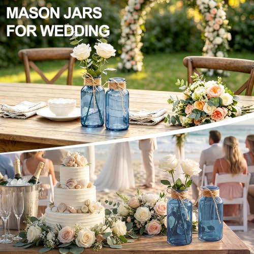 Dark Blue Mason Jars Set of 12 - Glass Flower Vase Centerpieces with Jute Tie