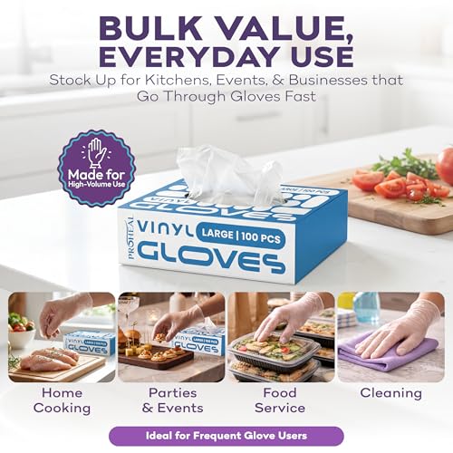 ProHeal Large Clear Vinyl Disposable Gloves - Powder & Latex-Free Kitchen Gloves (100 Count)