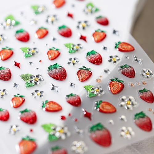 TailaiMei Embossed Strawberry Nail Stickers 5D Fruit Art Decals