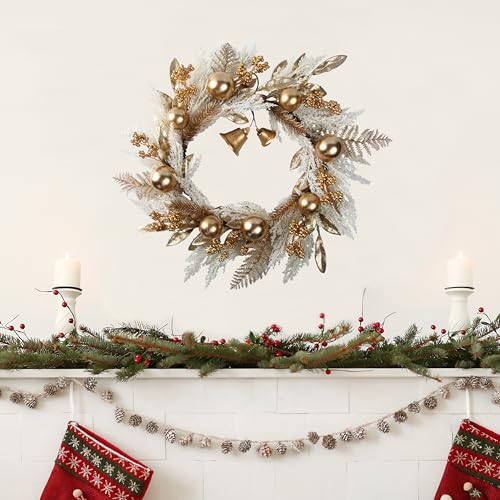 20-Inch Gold Christmas Wreath with Berries Bells and Pampas Grass for Front Door and Indoor Decor
