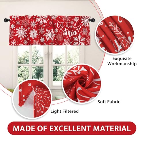 Christmas Snowflake Valance Curtain - Red Winter Short Window Treatment, 52 x 18 Inch, Pack of 1