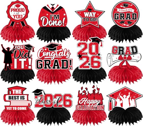 Red Graduation Decorations 2026 - 12Pcs Honeycomb Centerpieces