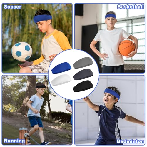 5 Pcs Sports Headbands, Elastic Soccer Headbands Boys Sports Sweatbands Breathable Sweat Wicking Headband for Football Running Basketball Tennis