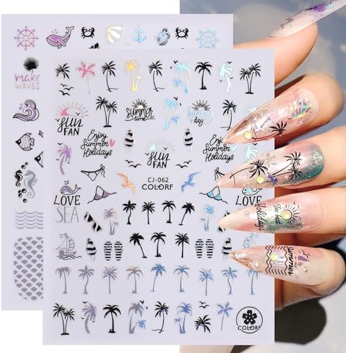 Qdsuh Summer Nail Decals - Holographic Palm Tree & Tropical Stickers, 8 Sheets
