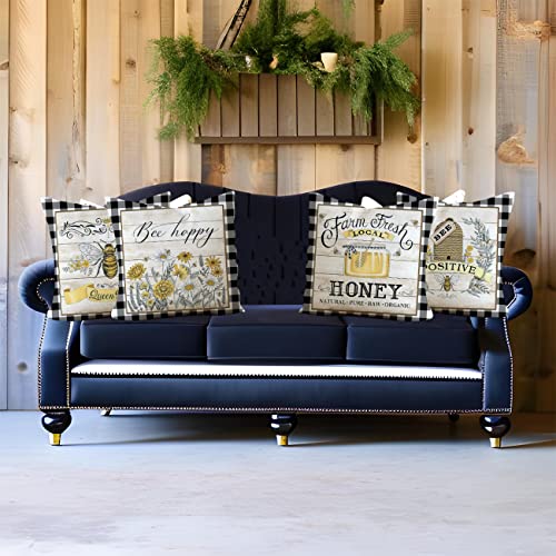 Farmhouse Bee Quote Pillow Covers Set of 4 - 18" x 18"