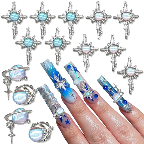 RODAKY 14Pcs 3D Cross Nail Charms Rhinestone Blue Crystal Jewels