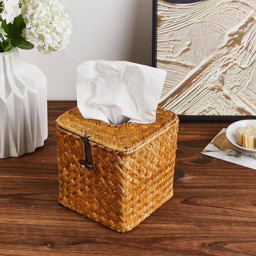 Seagrass Woven Tissue Box Cover - Square Rattan Tissue Holder for Bathroom & Bedroom