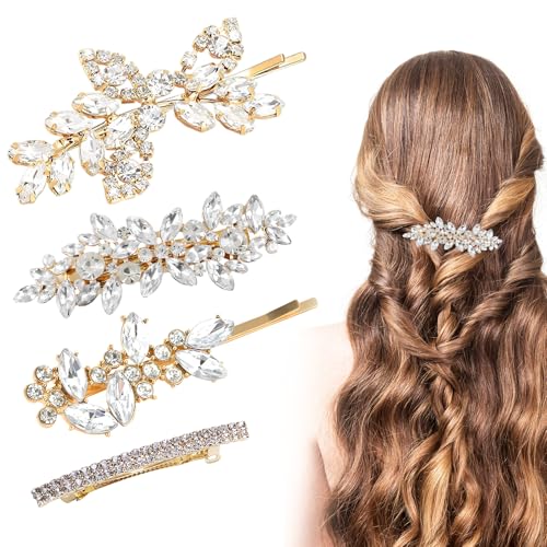 CYUXING 4Pcs Gold Rhinestone Hair Clips for Bride Wedding Hairpins