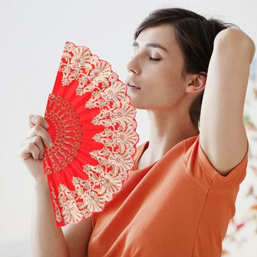 INNOLIFE Red Spanish Retro Folding Hand Fan for Dancing and Weddings