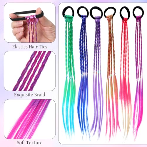 JJUNW 6-Piece Colorful Braided Hair Extensions 17-Inch Rainbow Ponytail