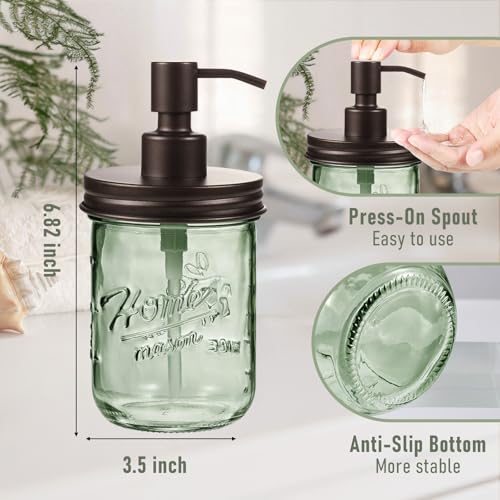 16oz Green Glass Mason Jar Soap Dispenser, Wide Mouth, Bronze