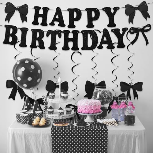 Black Happy Birthday Banner with Hanging Bow Swirls Decor