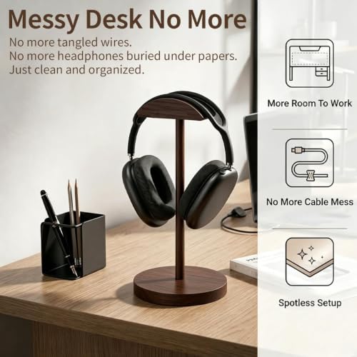 Walnut Wooden Headphone Stand - Desktop Headset Hanger & Display Holder