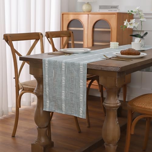 Gernaice Boho Table Runner Grey 13x72 Inch Embroidered Cotton Linen Farmhouse