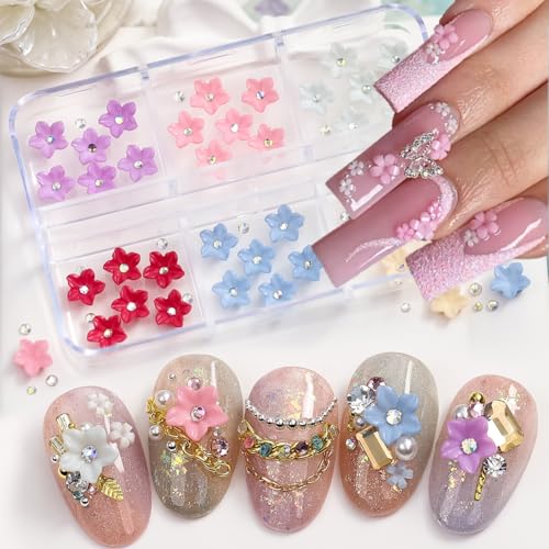 72Pcs 3D Flower Nail Charms Colorful Floral Resin Rhinestones for Manicure