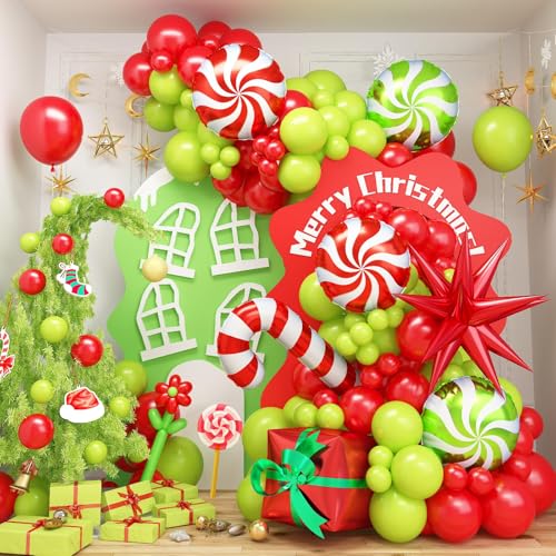 Christmas Balloon Arch Kit with Red, Lime Green & Star Variations – 130pcs Party Decor