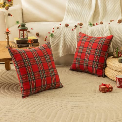 Christmas Plaid Throw Pillow Covers Set of 2 - Red & Green 22x22 Inches