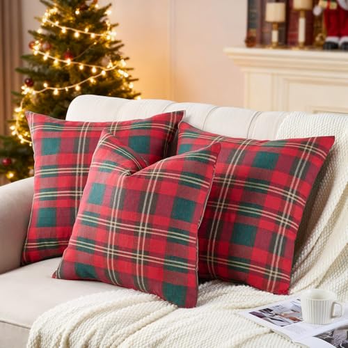 INFISIBLE Red Christmas Tartan Plaid Throw Pillow Covers 18x18 Set of 2 - Festive Holiday Decor