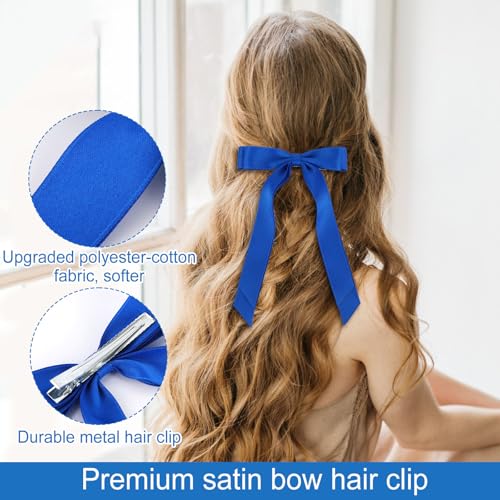Penitue Blue Satin Hair Bow Clips with Long Tail, 4 Pack