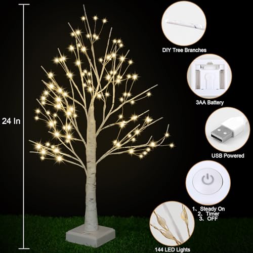 Artificial Birch Tree Lamp Set - 4 Pack Warm White LED Tree Lights with Timer and DIY Branches