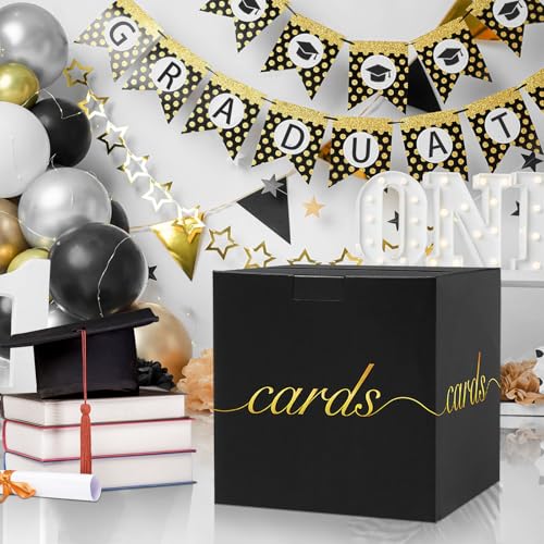Black Wedding Card Box Holder - 7.9 Inch Gold Foil Party Card Box for Reception, Birthday and Baby Shower