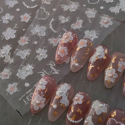 LYLYNB 5D White Flower Nail Stickers Embossed Floral Decals