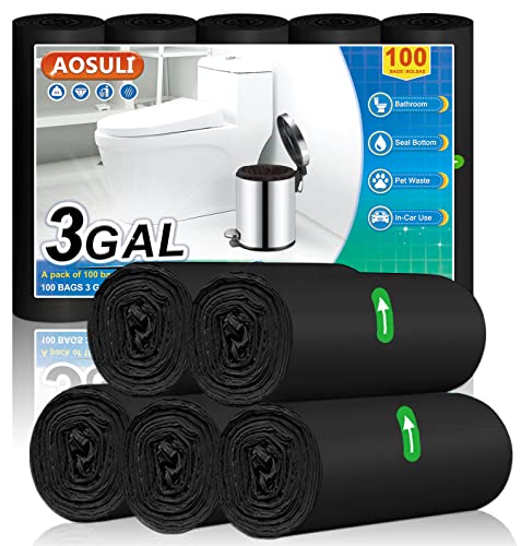 AOSULI 3 Gallon Small Black Trash Bags - 100 Count Leak-Resistant Liners