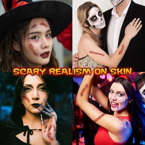 Halloween Chucky Scar Temporary Tattoos - 25 Sheets Realistic Waterproof Zombie Stitches Makeup