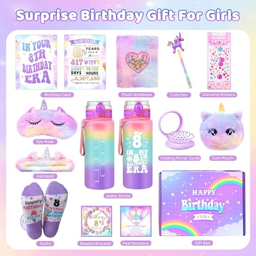 8th Birthday Unicorn Gift Set for Girls - Water Bottle, Plush Headband & More - Variation of THIS Listing