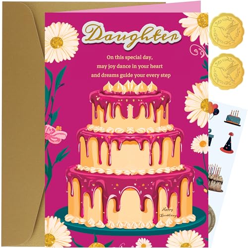 TzenvoGift Birthday Card for Daughter with Gold Foil Cake Design 5.6x8.1
