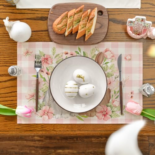 Artoid Mode Pink Buffalo Plaid Bunny Rabbit Placemats Set of 4