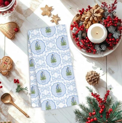 Christmas Blue Bow Tree Chinoiserie Kitchen Towels - Holiday Hand & Dish Towels