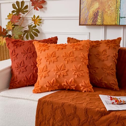 UGASA 18x18 Inch Fall Leaves Pillow Covers Set of 2 - Orange