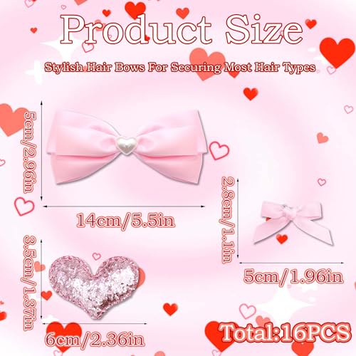 Pink Heart Hair Bows and Sequin Clips Set for Women and Teens