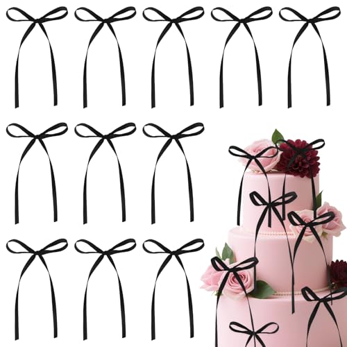 30 PCS Black Satin Ribbon Bow Cake Toppers, Pre-Tied Coquette Aesthetic Cupcake Decorations for Weddings and Birthdays